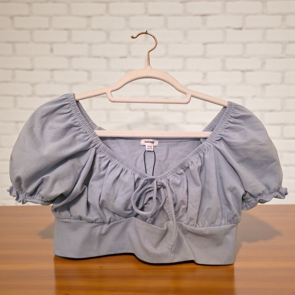 Garage Baby Blue Puff Sleeve Cropped Blouse Top